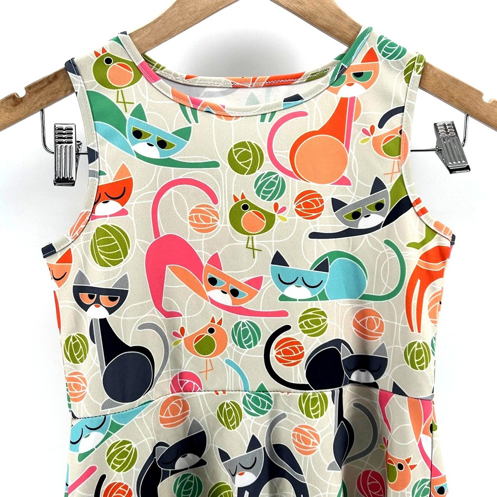 Atomic Cat Mid Century Modern Retro Skater Dress Sleeveless Novelty Print Kids L